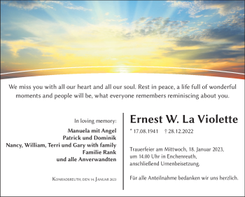 Traueranzeige von Ernest W. La Violette von Frankenpost