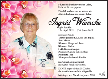 Traueranzeige von Ingrid Wünsche von Südthüringer Presse