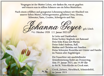 Traueranzeige von Johanna Geyer von Südthüringer Presse