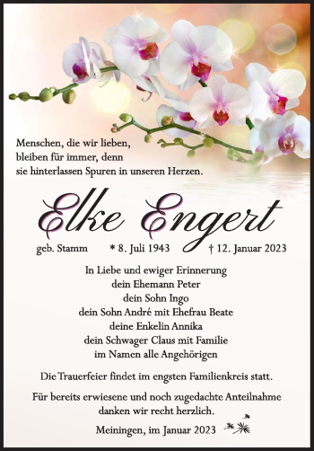 Traueranzeige von Elke Engert von Südthüringer Presse