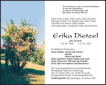 Traueranzeige von Erika Dietzel von Südthüringer Presse