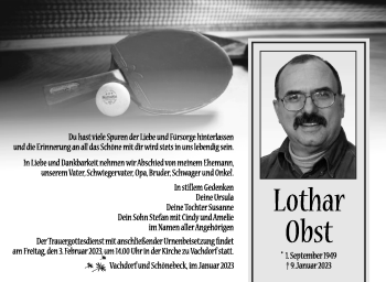 Traueranzeige von Lothar Obst von Südthüringer Presse