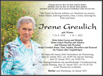 Traueranzeige von Irene Greulich von Südthüringer Presse