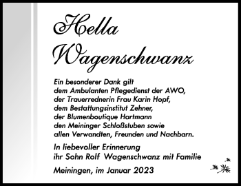 Traueranzeige von Hella Wagenschwanz von Südthüringer Presse