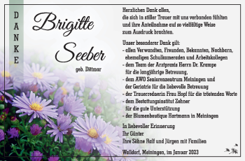 Traueranzeige von Brgitte Seeber von Südthüringer Presse
