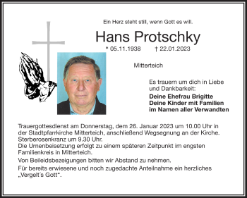 Traueranzeige von Hans Protschky von Frankenpost