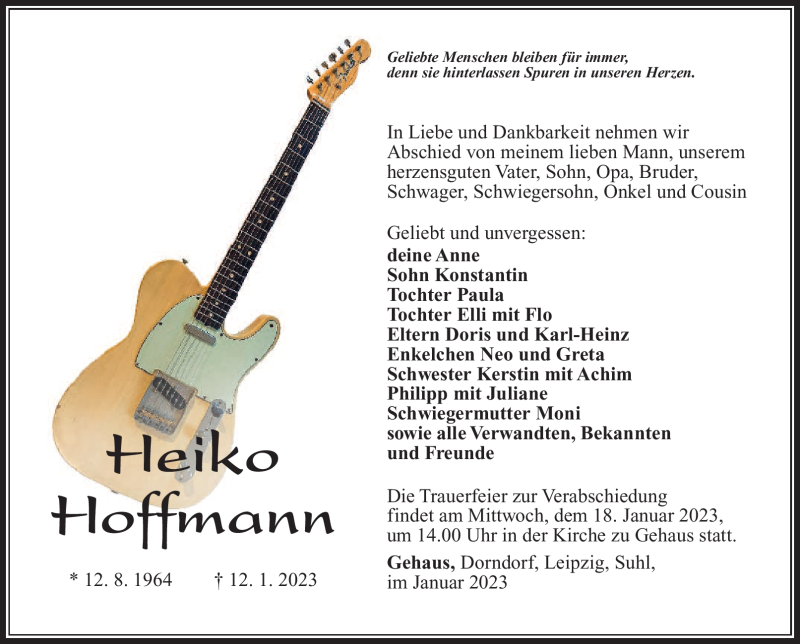  Traueranzeige für Heiko Hoffmann vom 16.01.2023 aus Südthüringer Presse