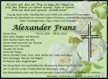 Traueranzeige von Alexander Franz von Südthüringer Presse