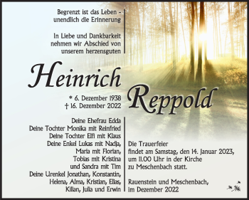 Traueranzeige von Heinrich Reppold von Südthüringer Presse
