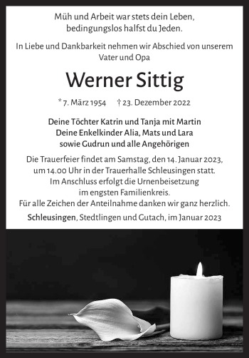 Traueranzeige von Werner Sittig von Südthüringer Presse