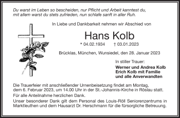 Traueranzeige von Hans Kolb von Frankenpost