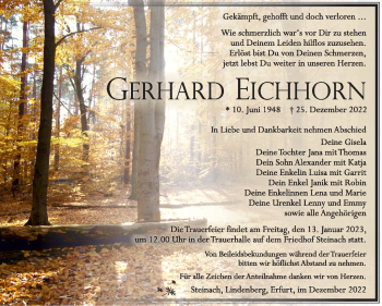 Traueranzeige von Gerhard Eichhorn von Südthüringer Presse