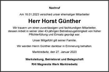 Traueranzeige von Horst Günther von Frankenpost