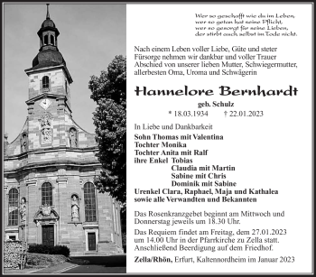 Traueranzeige von Hannelore Bernhardt von Südthüringer Presse