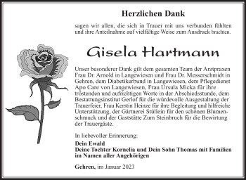 Traueranzeige von Gisela Hartmann von Südthüringer Presse