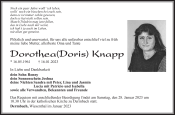Traueranzeige von Dorothea Knapp von Südthüringer Presse