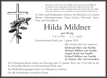 Traueranzeige von Hilda Mildner von Frankenpost