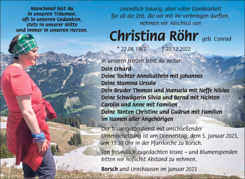  Traueranzeige für Christina Röhr vom 02.01.2023 aus Südthüringer Presse