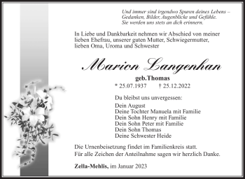 Traueranzeige von Marion Langenhan von Südthüringer Presse