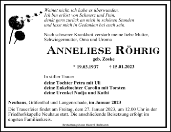 Traueranzeige von Anneliese Röhrig von Südthüringer Presse