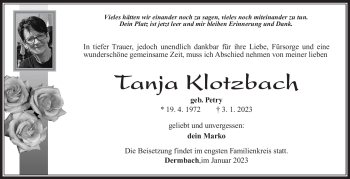 Traueranzeige von Tanja Klotzbach von Südthüringer Presse