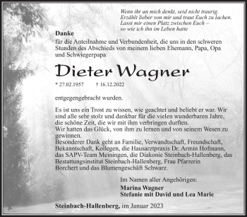 Traueranzeige von Dieter Wagner von Südthüringer Presse