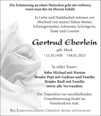 Traueranzeige von Gertrud Eberlein von Südthüringer Presse