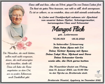 Traueranzeige von Margot Flick von Südthüringer Presse