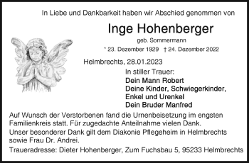 Traueranzeige von Inge Hohenberger von Frankenpost
