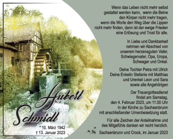 Traueranzeige von Hubert Schmidt von Südthüringer Presse