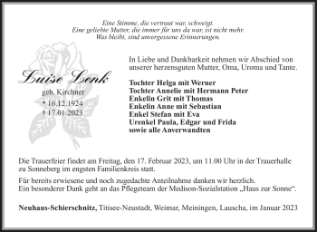 Traueranzeige von Luise Lenk von Südthüringer Presse