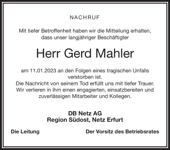 Traueranzeige von Gerd Mahler von Südthüringer Presse