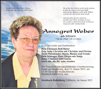 Traueranzeige von Annegret Weber von Südthüringer Presse