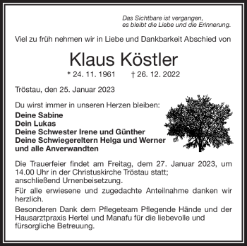 Traueranzeige von Klaus Köstler von Frankenpost