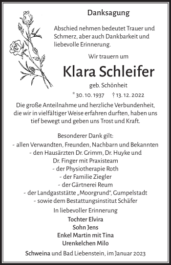 Traueranzeige von Klara Schneider von Südthüringer Presse
