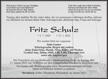 Traueranzeige von Fritz Schulz von Südthüringer Presse