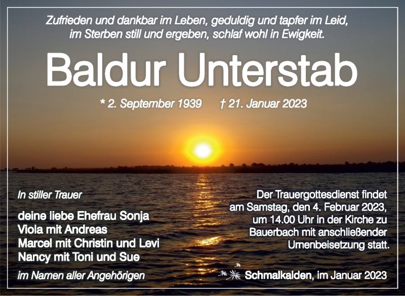  Traueranzeige für Baldur Unterstab vom 28.01.2023 aus Südthüringer Presse