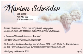 Traueranzeige von Marion Schröder von Südthüringer Presse
