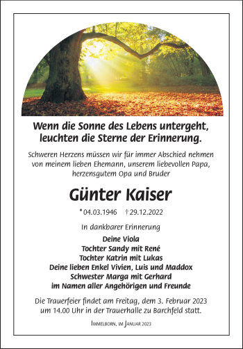 Traueranzeige von Günter Kaiser von Südthüringer Presse