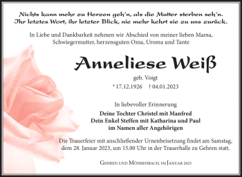 Traueranzeige von Anneliese Weiß von Südthüringer Presse