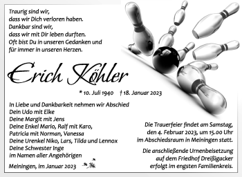 Traueranzeige von Erich Köhler von Südthüringer Presse