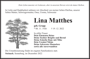 Traueranzeige von LIna Matthes von Südthüringer Presse