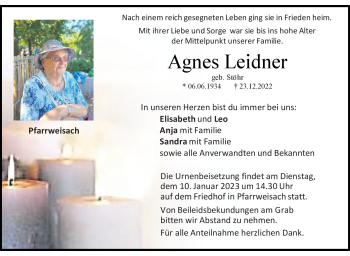 Traueranzeige von Agnes Leidner von Neue Presse Coburg