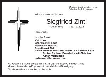 Traueranzeige von Siegfried Zintl von Frankenpost