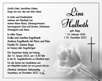 Traueranzeige von Lisa Halboth von Südthüringer Presse