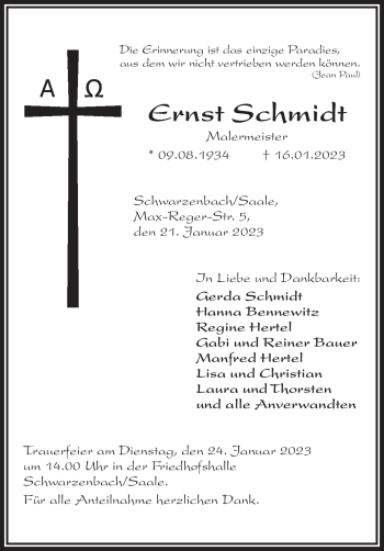 Traueranzeige von Ernst Schmidt von Frankenpost