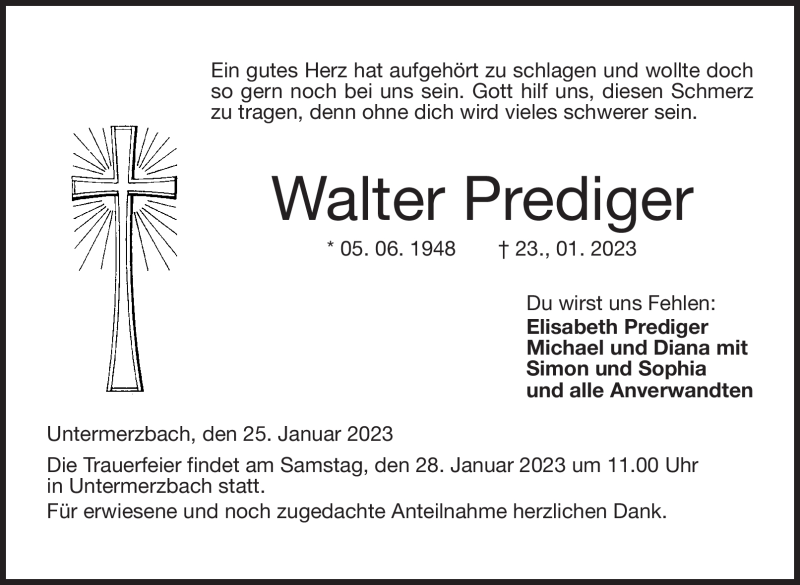  Traueranzeige für Walter Prediger vom 25.01.2023 aus Neue Presse Coburg