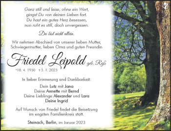 Traueranzeige von Friedel Leipold von Südthüringer Presse