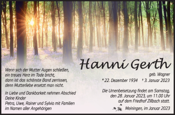 Traueranzeige von Hanni Gerth von Südthüringer Presse