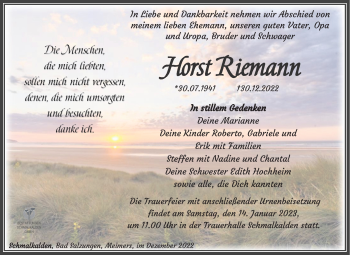 Traueranzeige von Horst Riemann von Südthüringer Presse